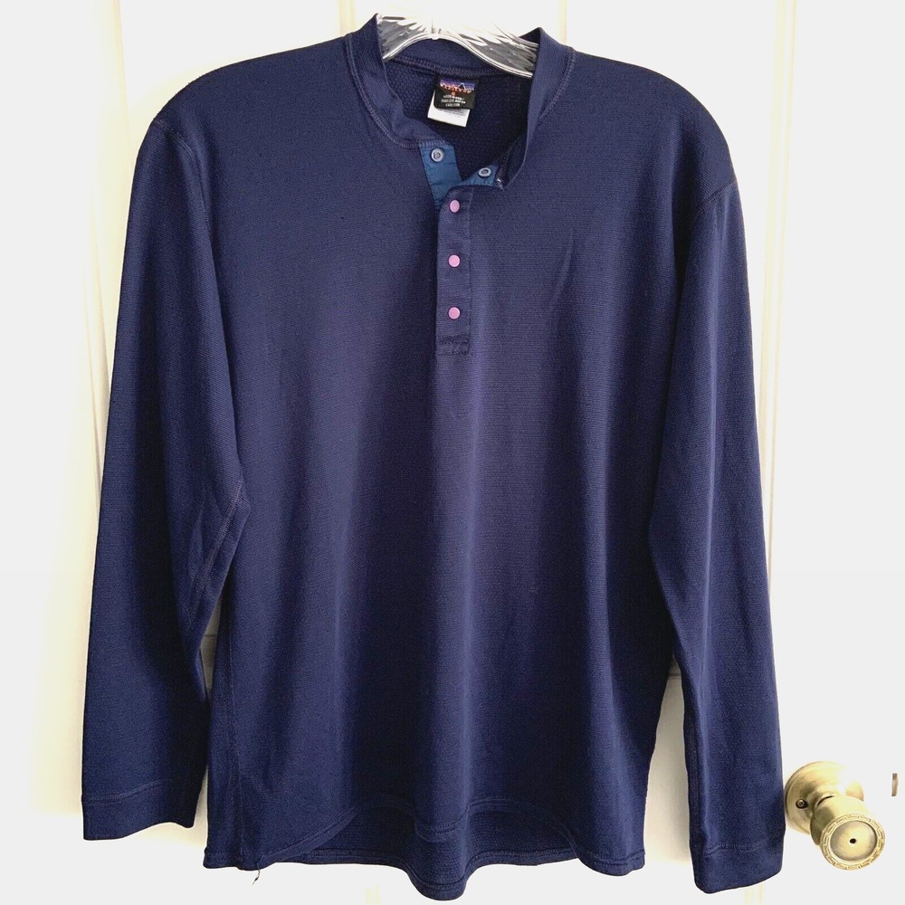 Patagonia Mens Size S Capilene Henley Shirt Long Sleeve Blue Snap Neck *snags